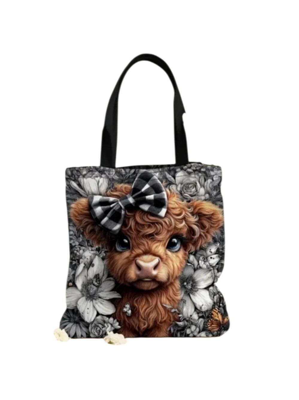 Highland Cow Tote Bag Brown Black Checkered Bow